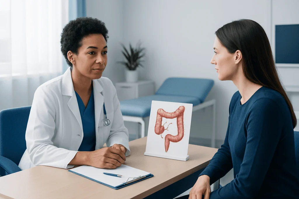 Doctor explaining colon anatomy to patient in medical consultation room.