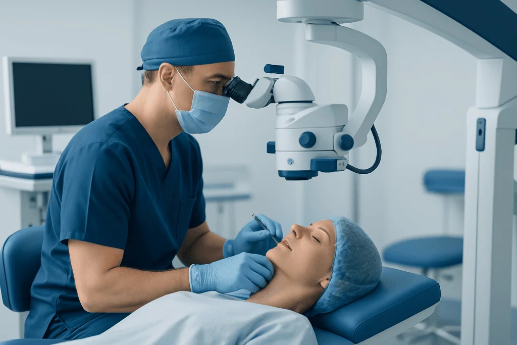Ophthalmologist performing iris implant surgery in a modern clinic.