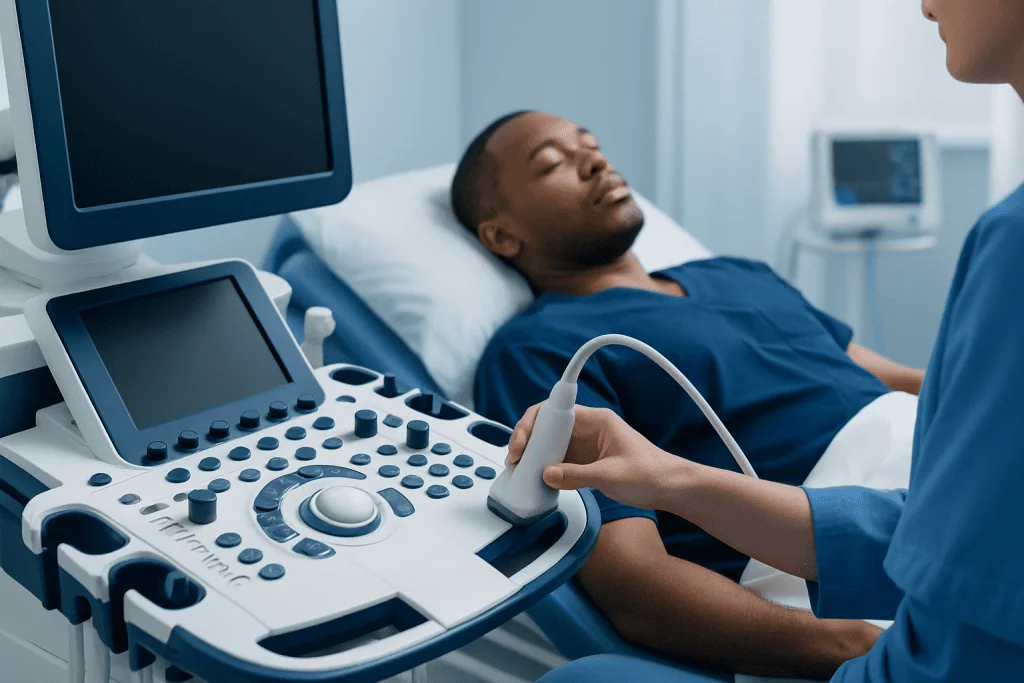 Patient undergoing ultrasound examination in a hospital setting.
