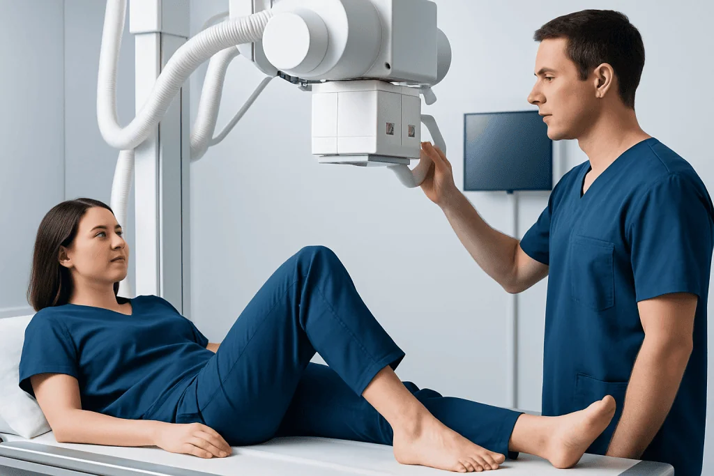 Medical professional performing X-ray on patient in hospital setting.