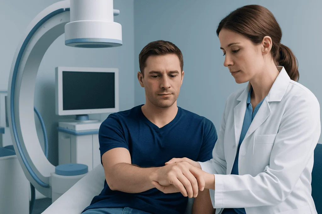 Doctor examining patient's wrist in a medical clinic.