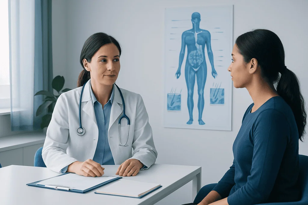 Doctor consulting patient in a medical office with anatomical chart in background.