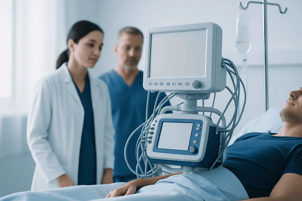Medical professionals monitor patient on hospital bed with medical equipment.