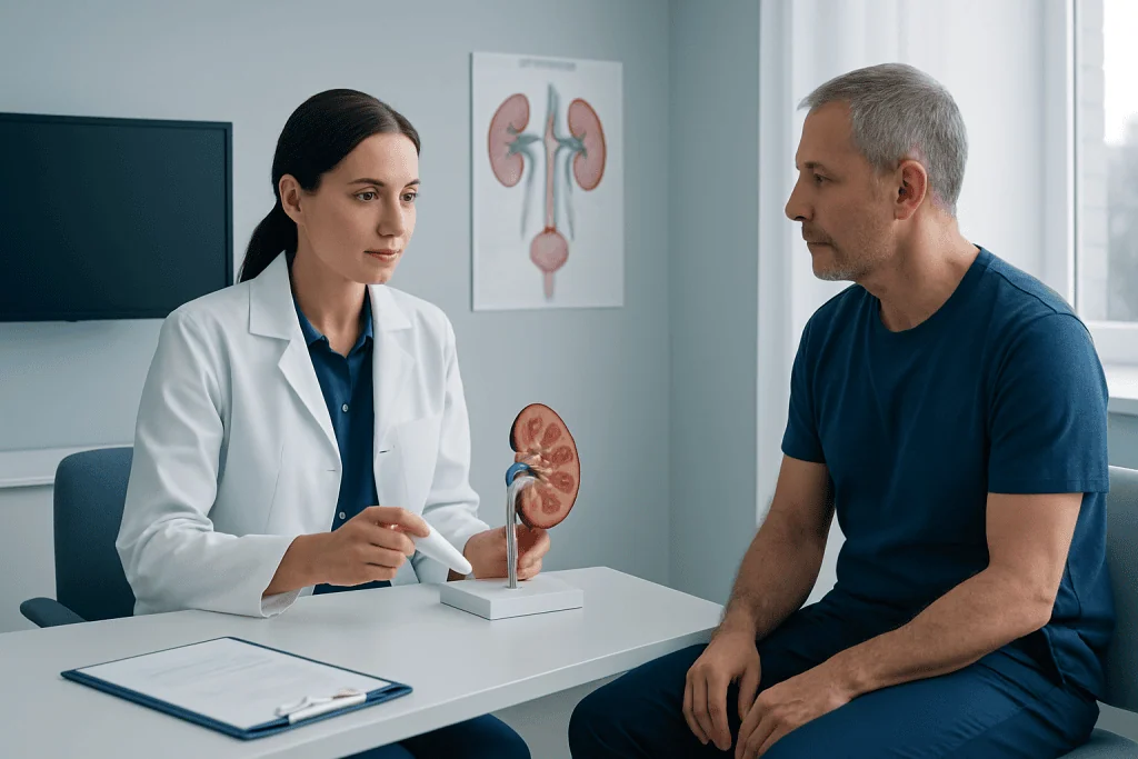 Doctor explains kidney anatomy to patient during consultation at Acibadem Hospital.