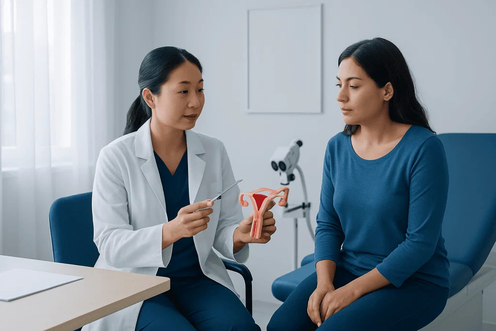Gynecologist explaining uterine health to a patient in a consultation room.