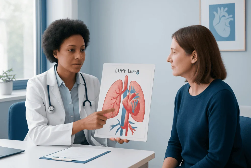 Doctor explaining left lung anatomy to patient with diagram.