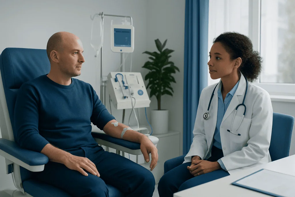 Patient and doctor discussing treatment in hospital room at Acibadem Hospitals Group.