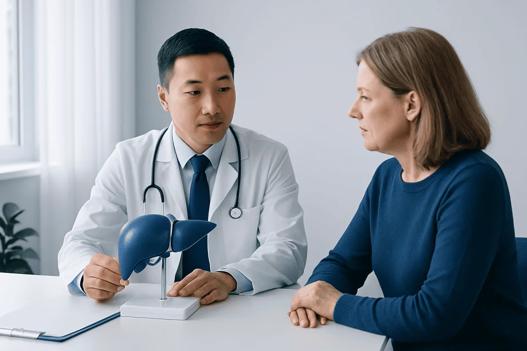 Doctor explaining liver transplant to patient with liver model.