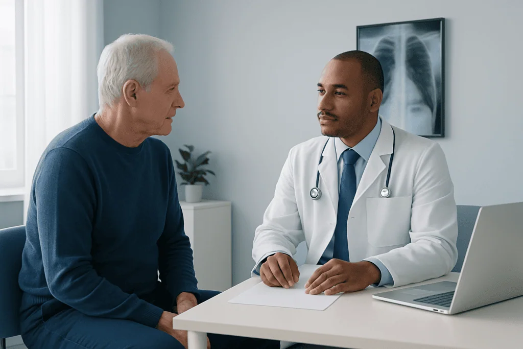 Doctor consulting with an elderly patient in a medical office setting.