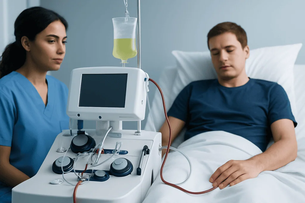Patient undergoing marrow transplant procedure in hospital bed with medical staff.