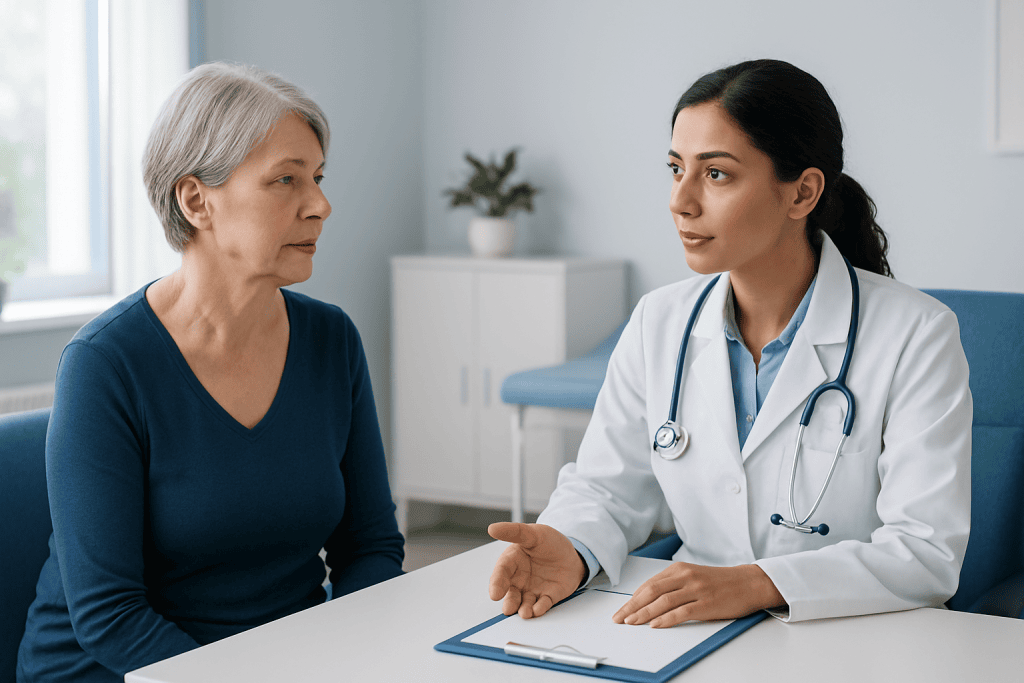 Doctor consulting with an elderly female patient in a medical office.
