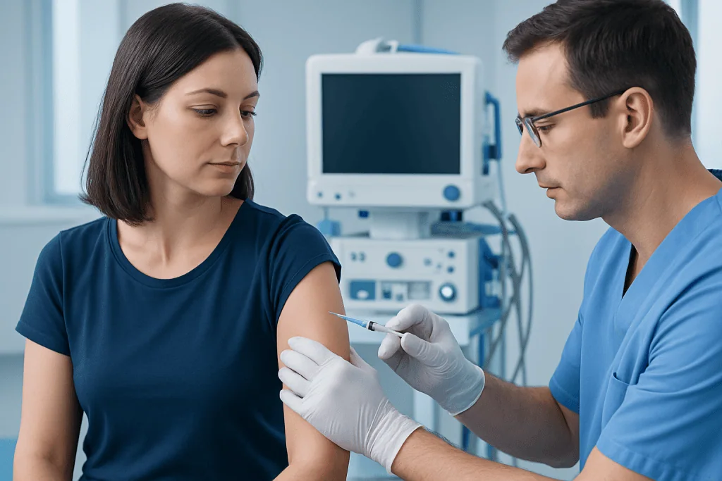 Healthcare professional administering vaccine to a woman in a clinical setting.