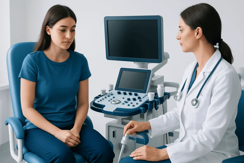 Doctor performing ultrasound exam on a young woman patient in clinic.