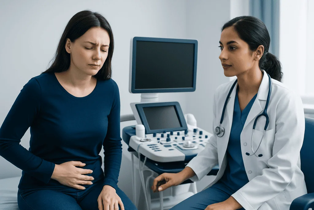 Doctor consulting with a patient experiencing abdominal pain in a medical office.