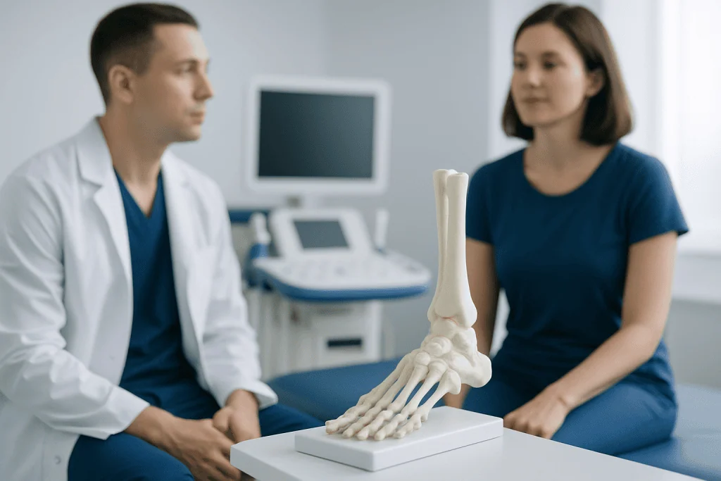 Doctor explaining foot anatomy with a model to a patient in a clinic.