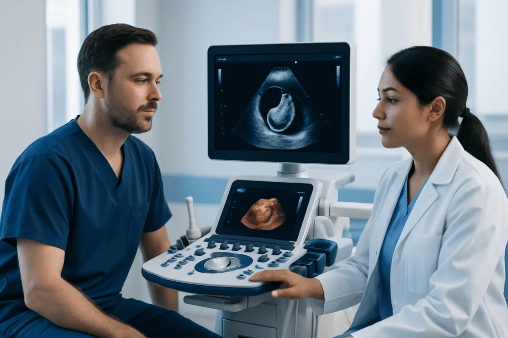 Medical professionals performing an ultrasound examination in a hospital setting.