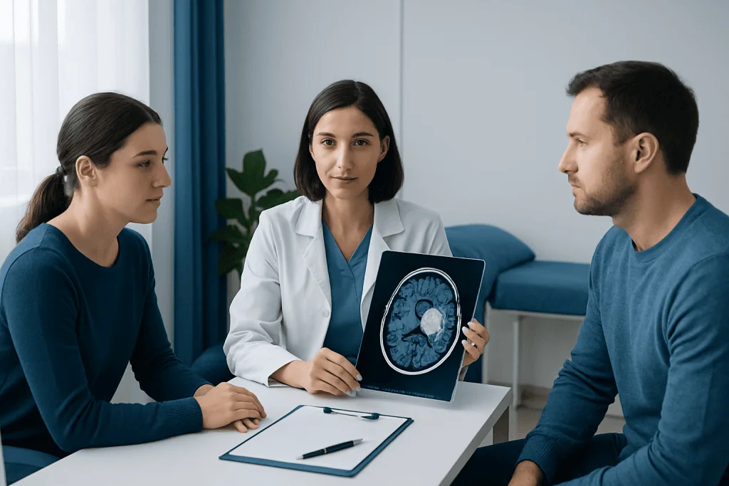 Doctor explaining brain MRI scan to patients in a consultation room.
