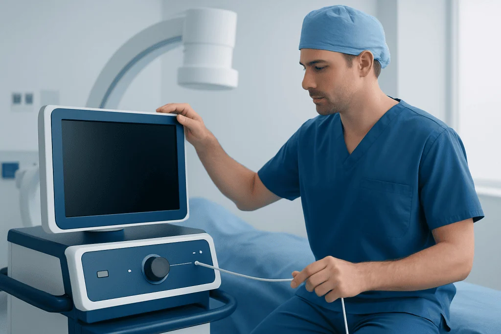 Medical professional preparing ultrasound equipment in a hospital setting.