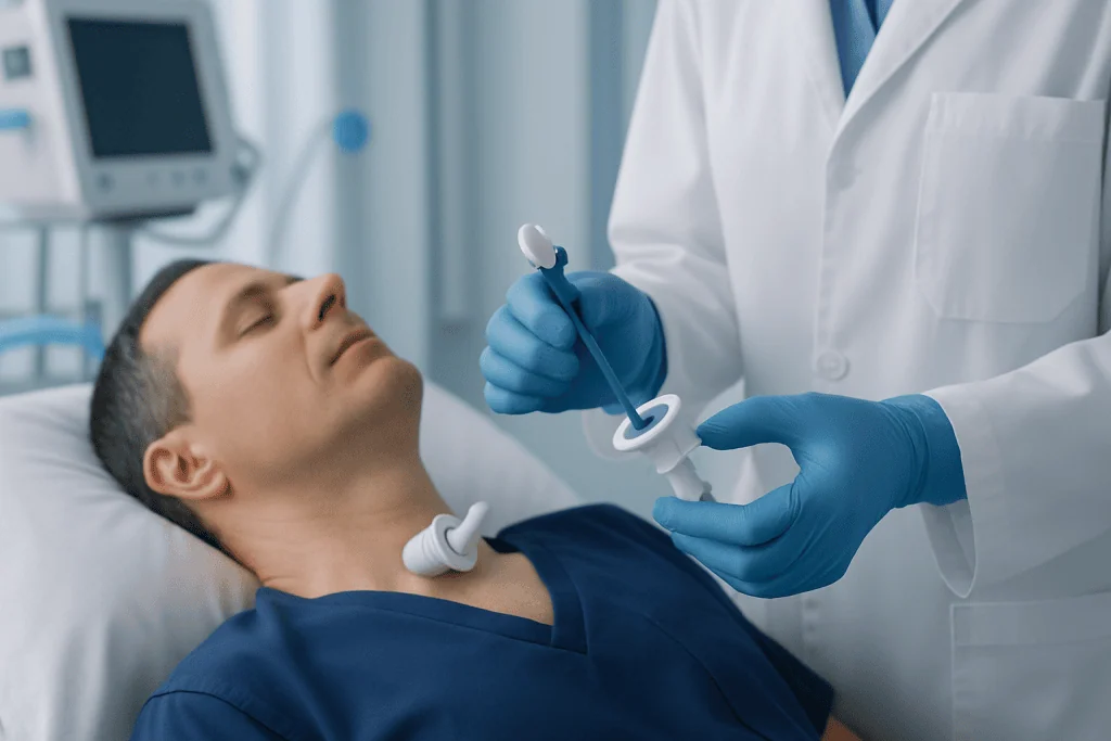 Patient with tracheostomy tube being examined by a healthcare professional.