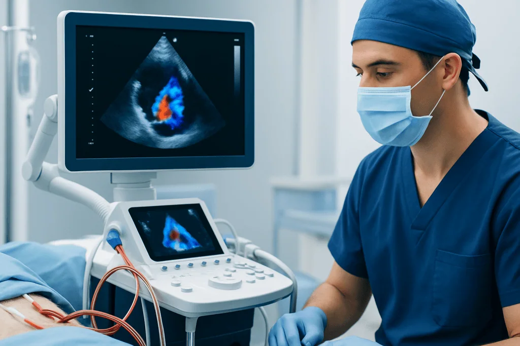 Medical professional performing echocardiogram with color Doppler imaging.