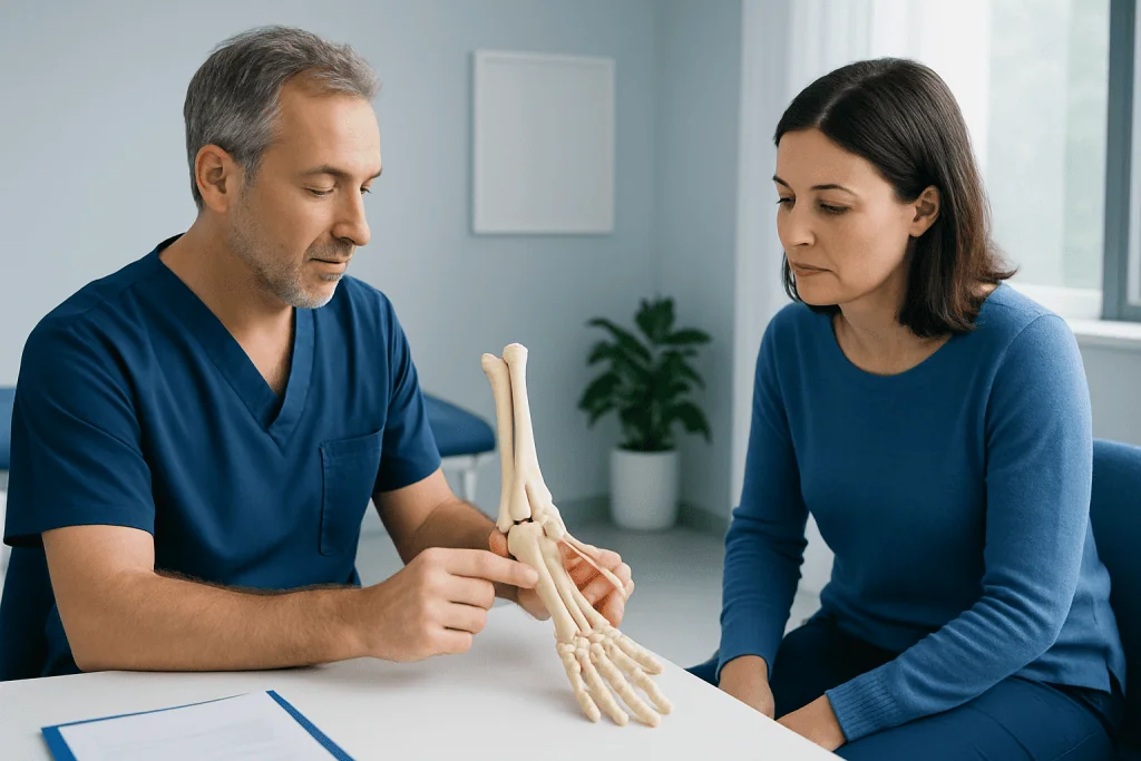 Doctor explaining cubital tunnel release to patient with hand model.