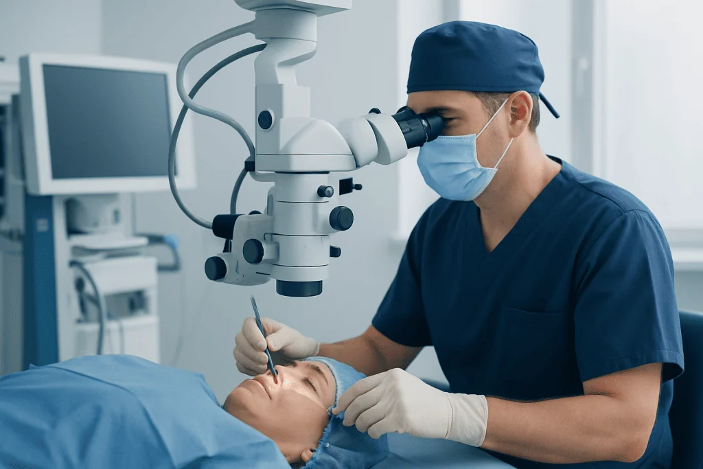 Surgeon performing eye surgery with a microscope in a modern medical facility.