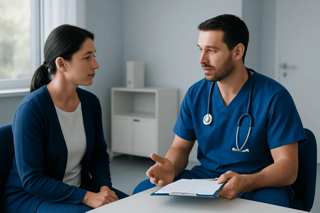Doctor discussing medical options with a female patient in a clinic setting.