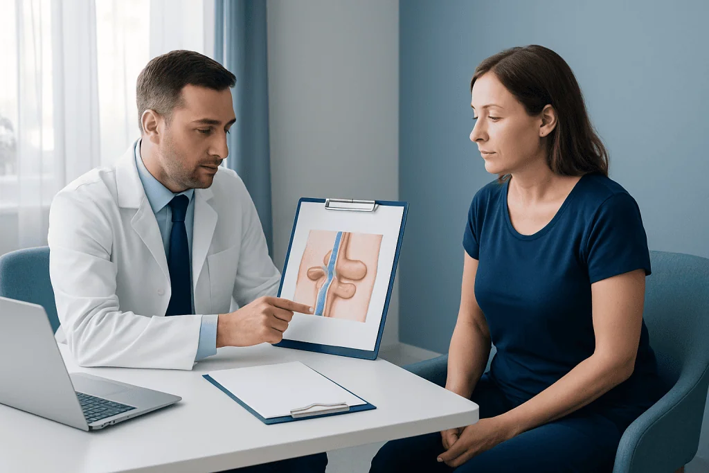 Doctor explaining umbilical hernia to patient with diagram.