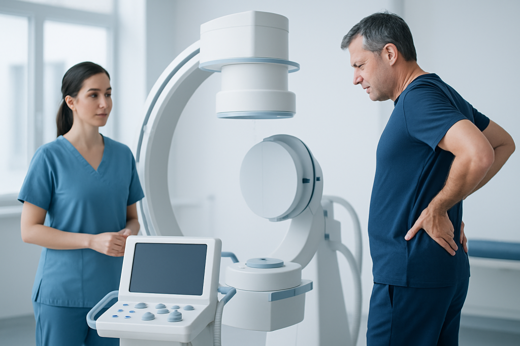 Doctor explaining MRI scan results to a patient in a hospital setting.