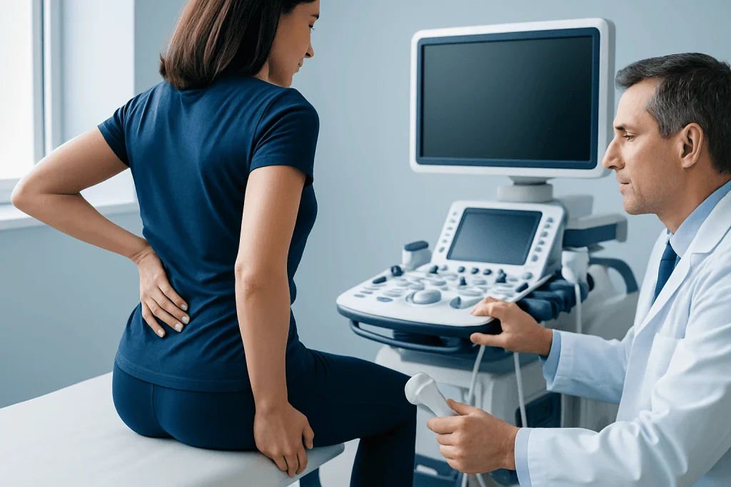 Doctor examining a woman with lower back pain using ultrasound equipment.