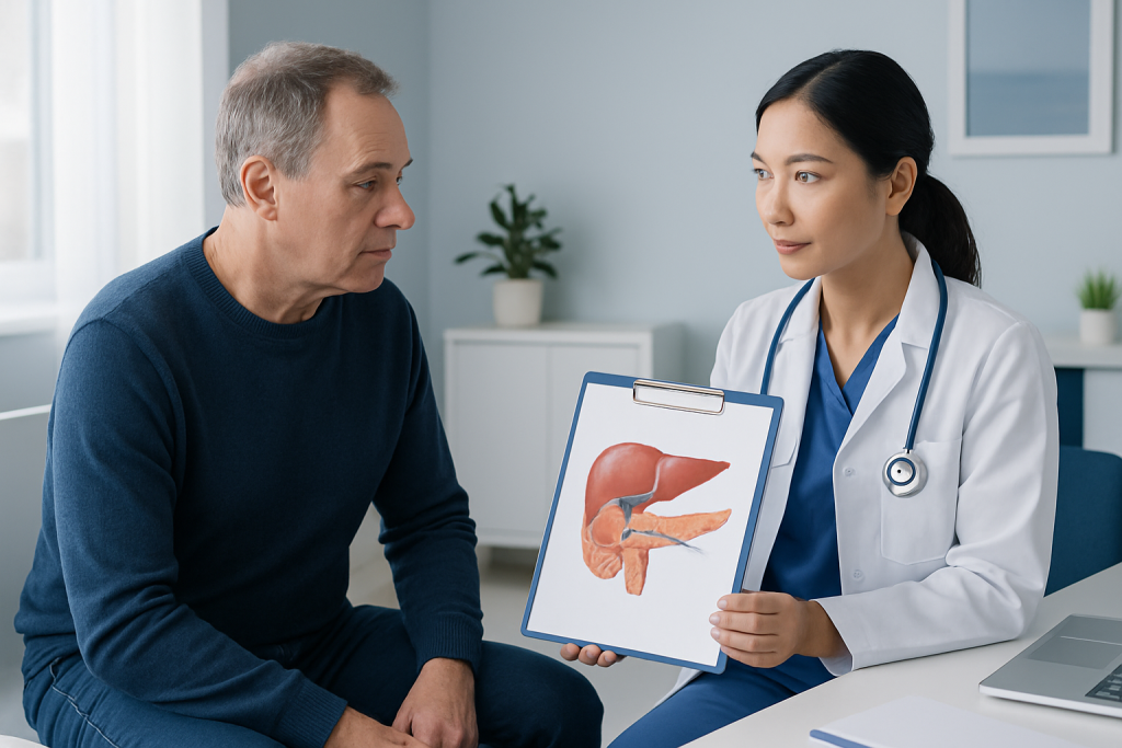 Doctor explaining pancreas anatomy to patient during consultation.