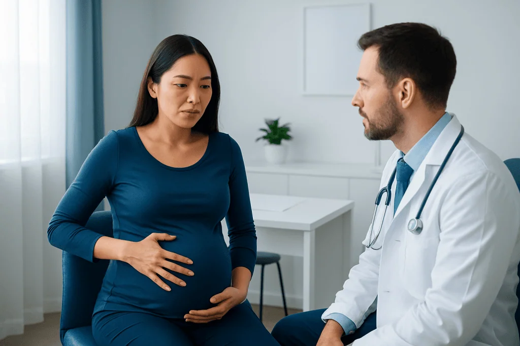 Pregnant woman consulting with a doctor about rib pain during pregnancy.