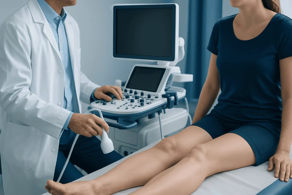 Doctor performing leg ultrasound examination for vein assessment.
