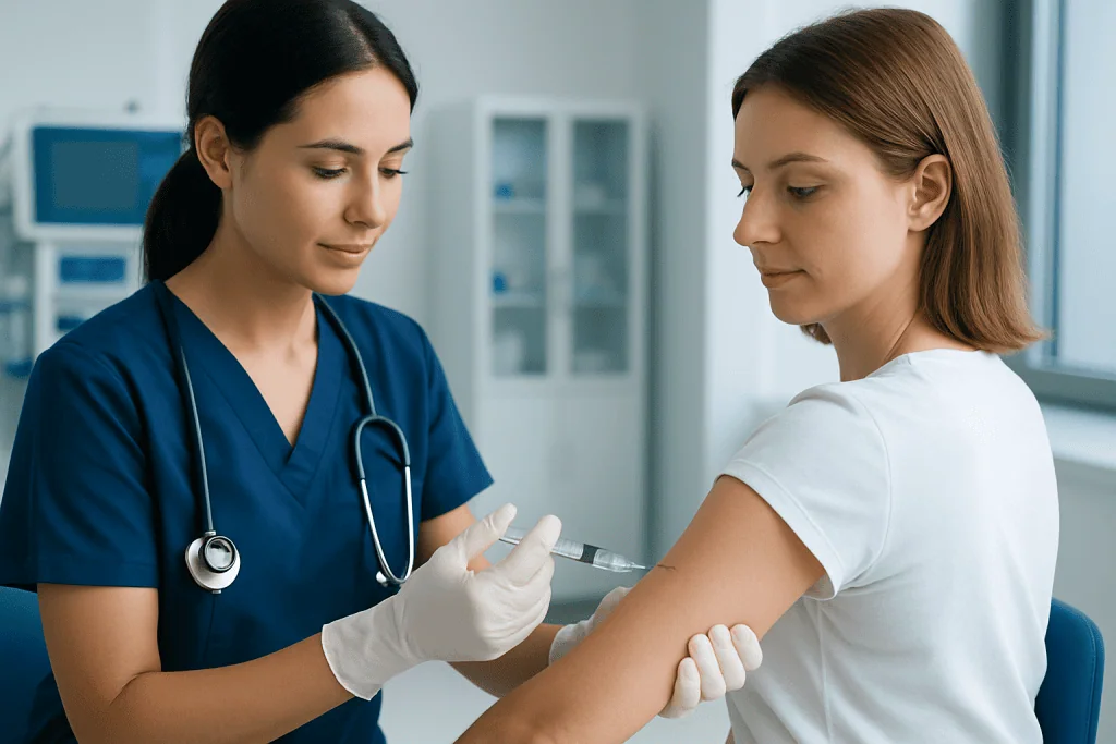 Nurse administering pneumococcal vaccine to a patient in a clinical setting.