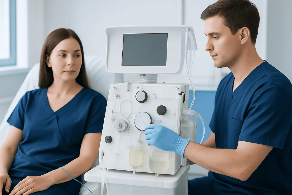 Medical professionals preparing dialysis machine in hospital setting.