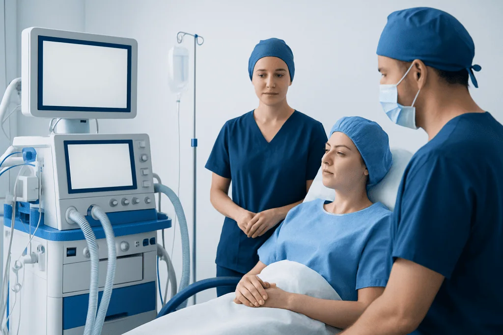 Medical team preparing patient for surgery in hospital setting.