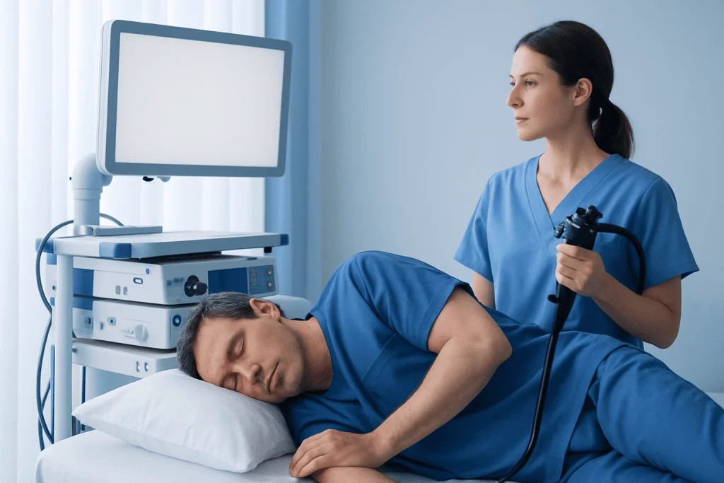 Doctor preparing patient for colonoscopy with endoscope in hospital room.