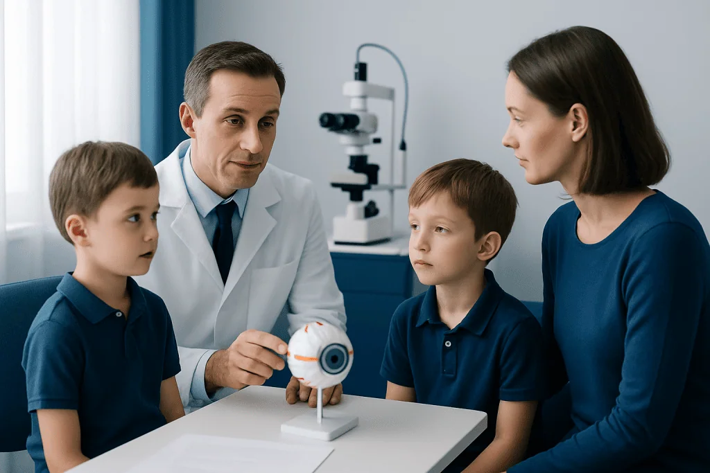 Pediatric eye examination at Acibadem Hospital with doctor and children.
