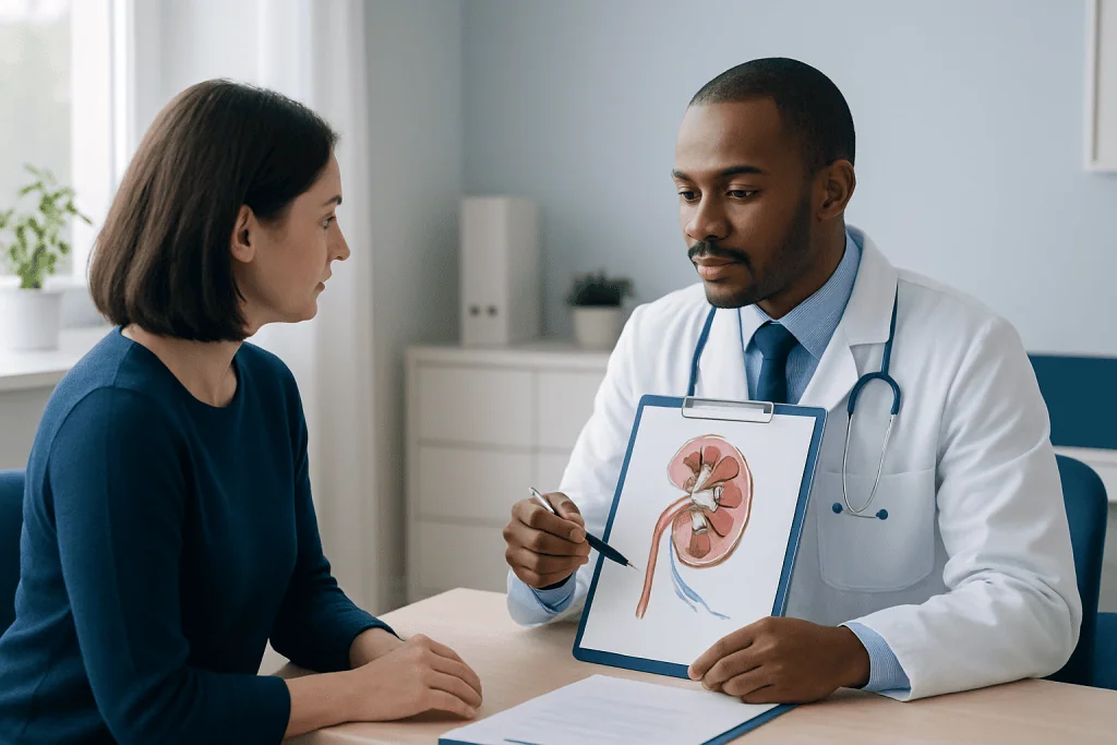 Doctor explaining kidney diagram to patient in consultation room.