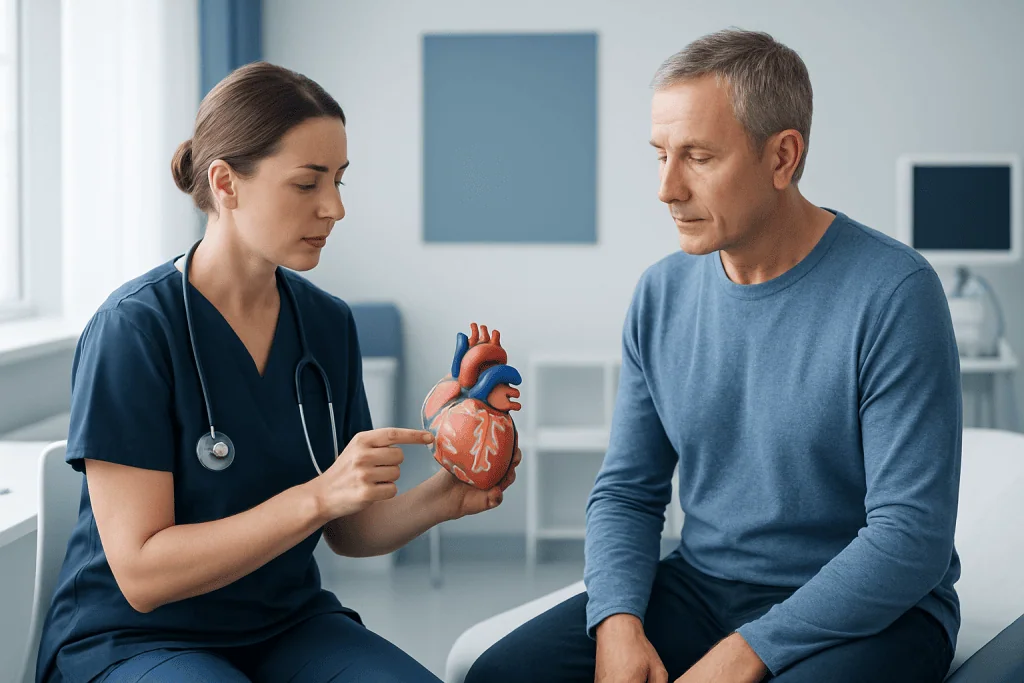 Healthcare professional explains heart model to patient in clinic setting.