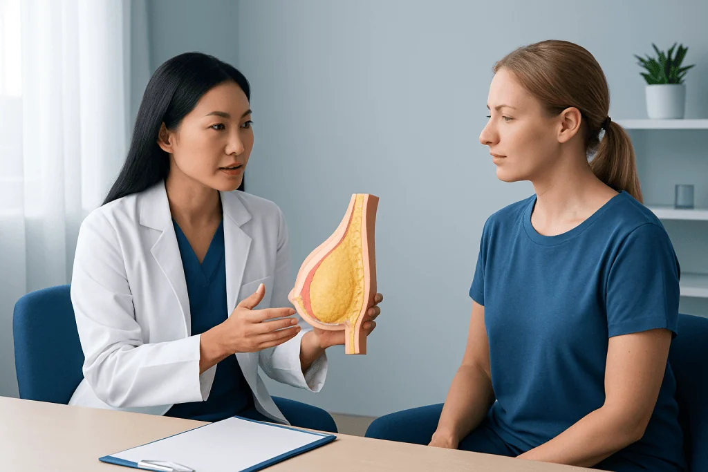 Doctor explaining breast anatomy to patient with model in consultation room.