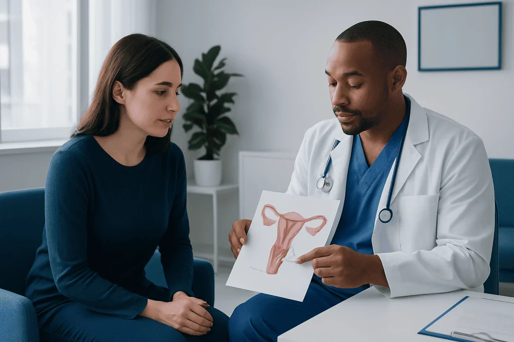 Doctor explains uterine health to patient in a consultation room.