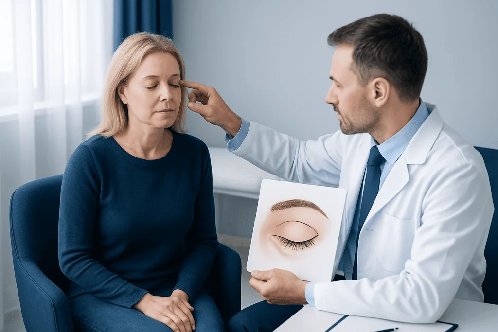 Ophthalmologist examining a woman's eyelids during consultation.