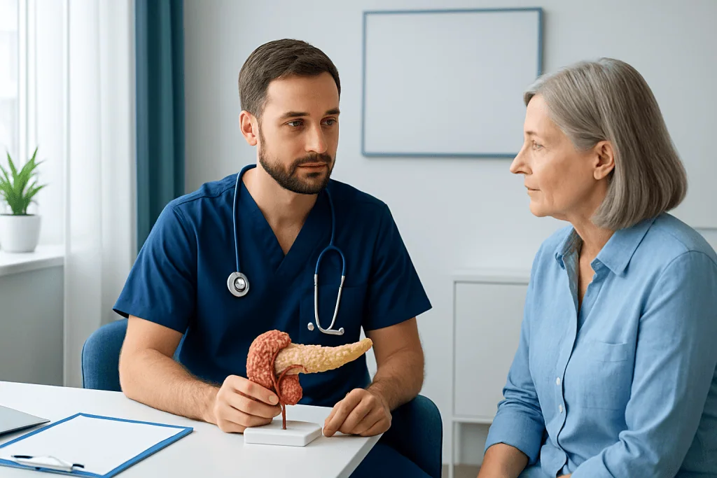 Doctor explaining pancreatic anatomy to an elderly patient in a consultation room.