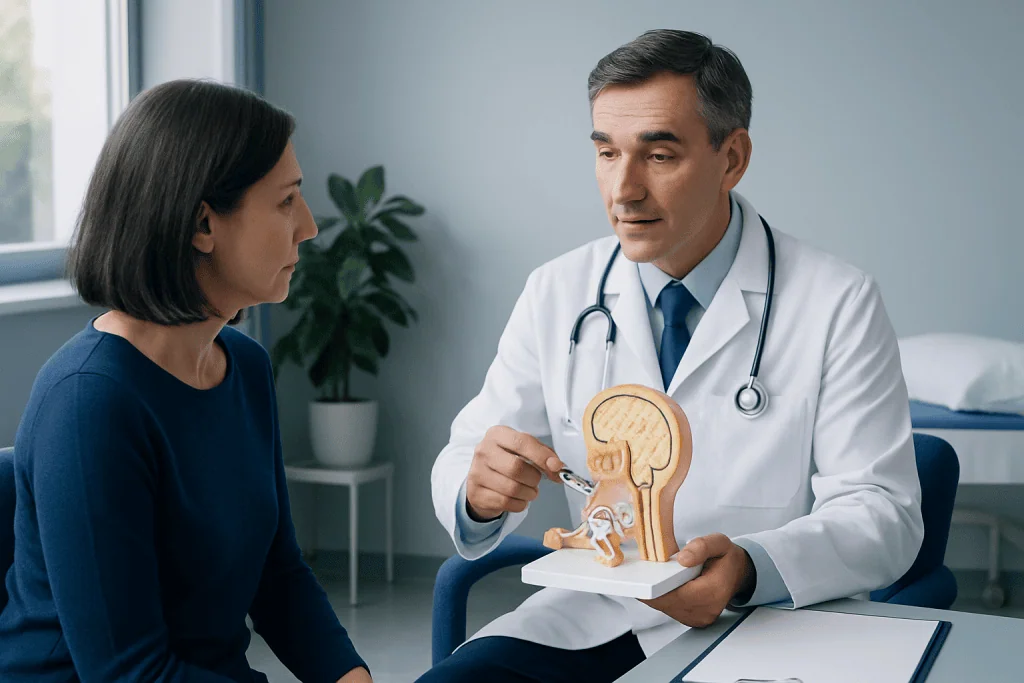 Doctor explaining auditory brainstem implant to patient with model.