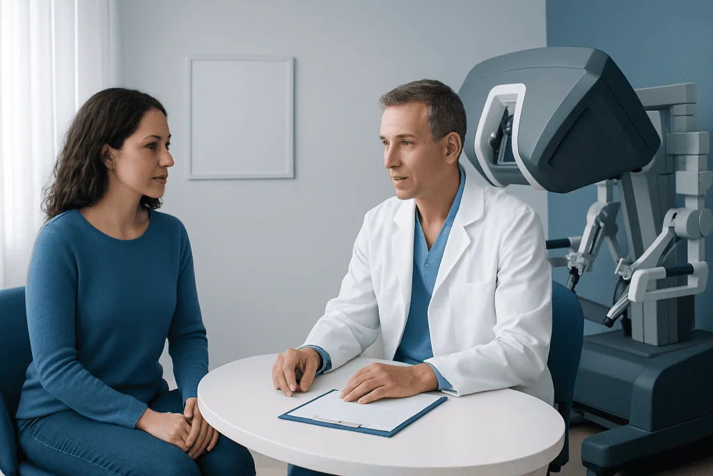 Doctor consulting with patient in a modern medical office with robotic surgical equipment.