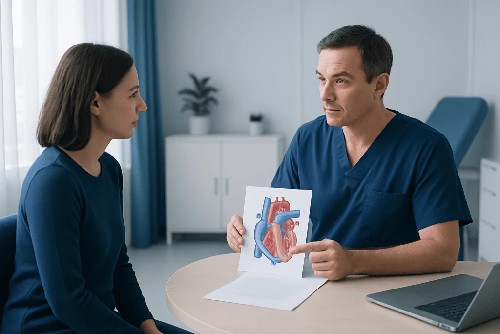 Doctor explaining heart anatomy to patient during consultation at Acibadem Hospital.