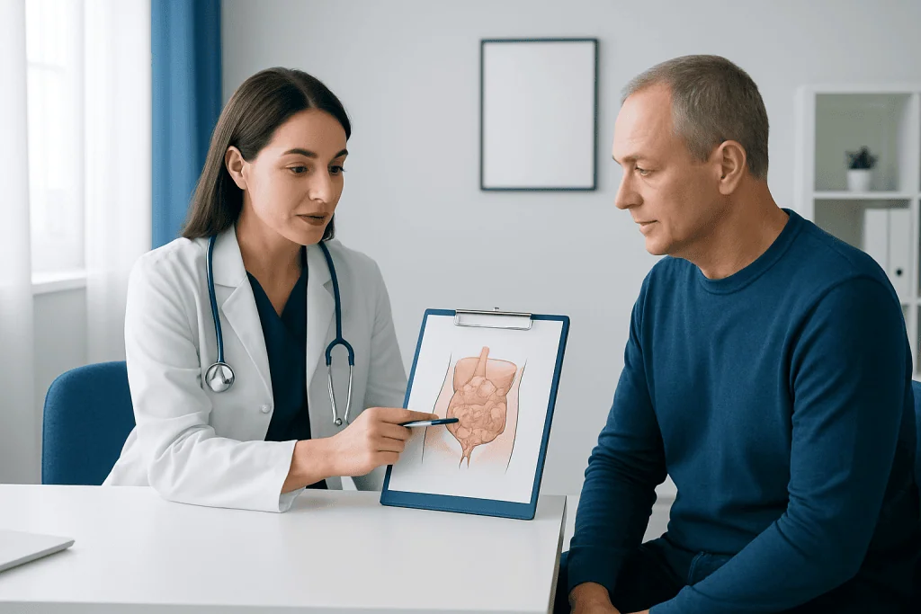 Doctor explaining colon health to patient with diagram at Acibadem Hospital.