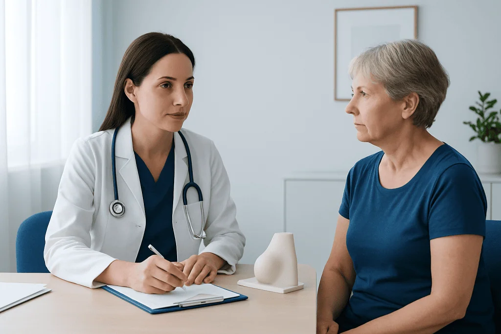 Doctor consulting with an elderly female patient in a medical office.