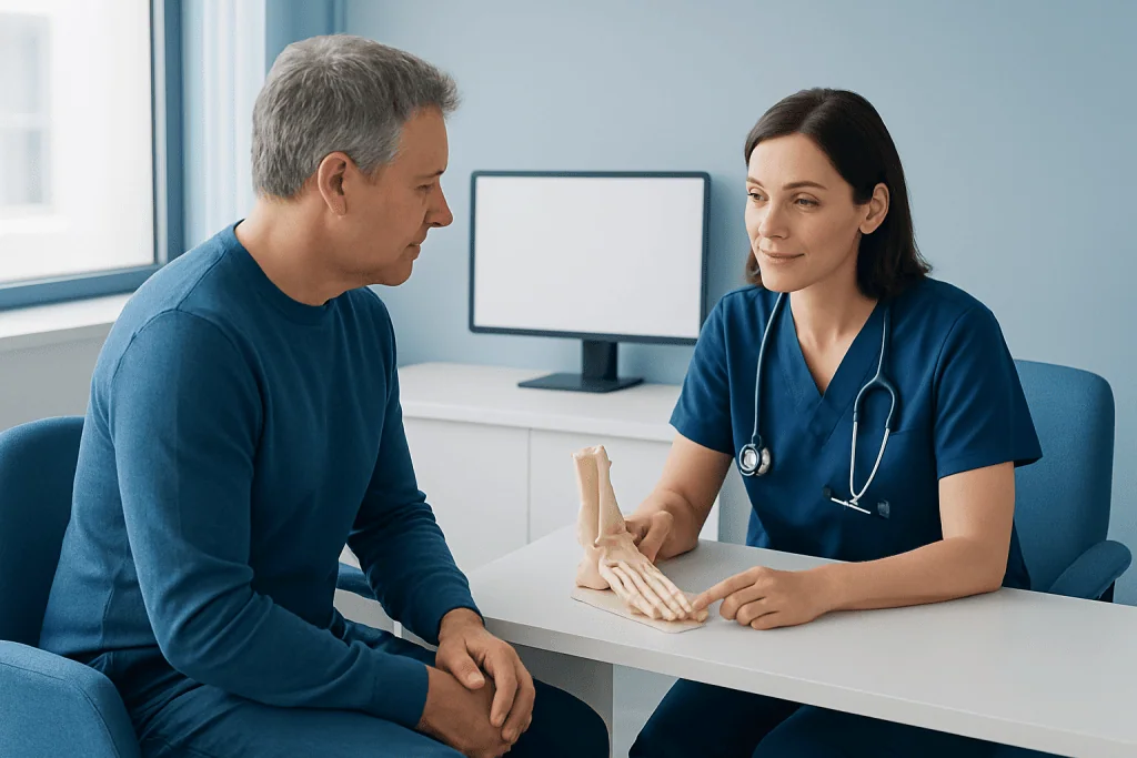 Doctor explaining tarsal coalition surgery to patient with ankle model.